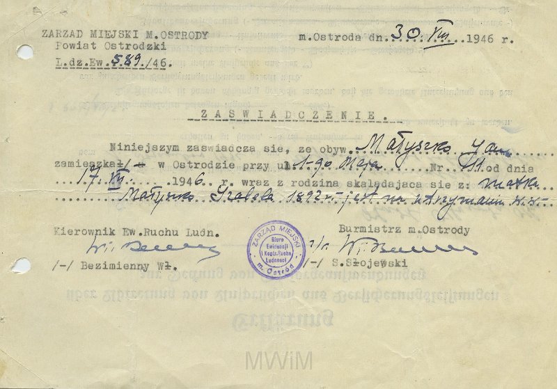 KKE 5560.jpg - Dok. Zaświadczenie o zamieszkaniu i stanu rodziny Jana Małyszko, Ostróda, 30 VIII 1946 r.